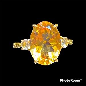 Large Real Citrine Faceted Oval & Topaz Ring Gold over 925 Silver Vermeil Size 7